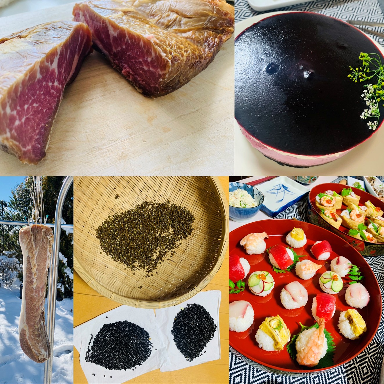 A collage: bacon, cassis cake, smoked foods drying, sansho harvest, and temari sushi.